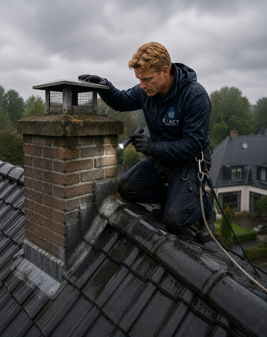 Lekdetectie specialist inspecteert een schoorsteen op daklekkage in Overijssel