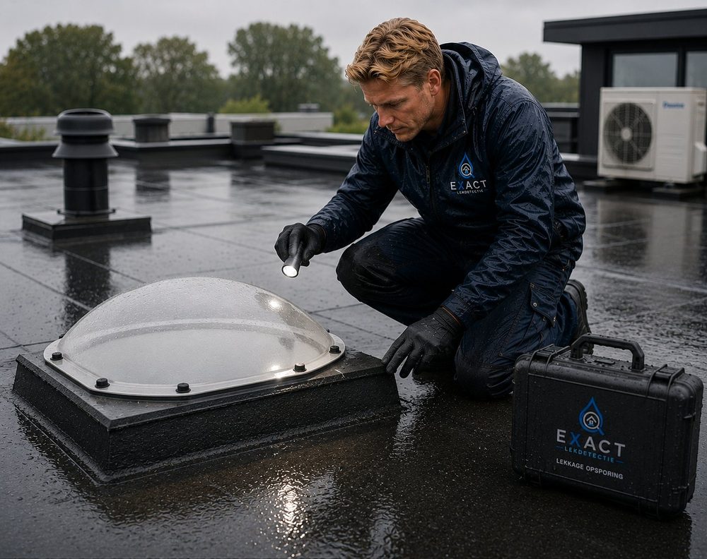 Lekdetectie bij een lichtkoepel op een plat dak als oorzaak van een plafondlek