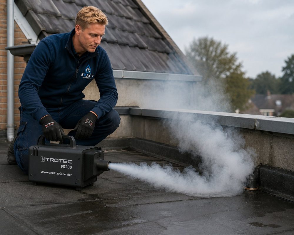 Rookproef met rookgenerator op een plat dak om daklekkage op te sporen