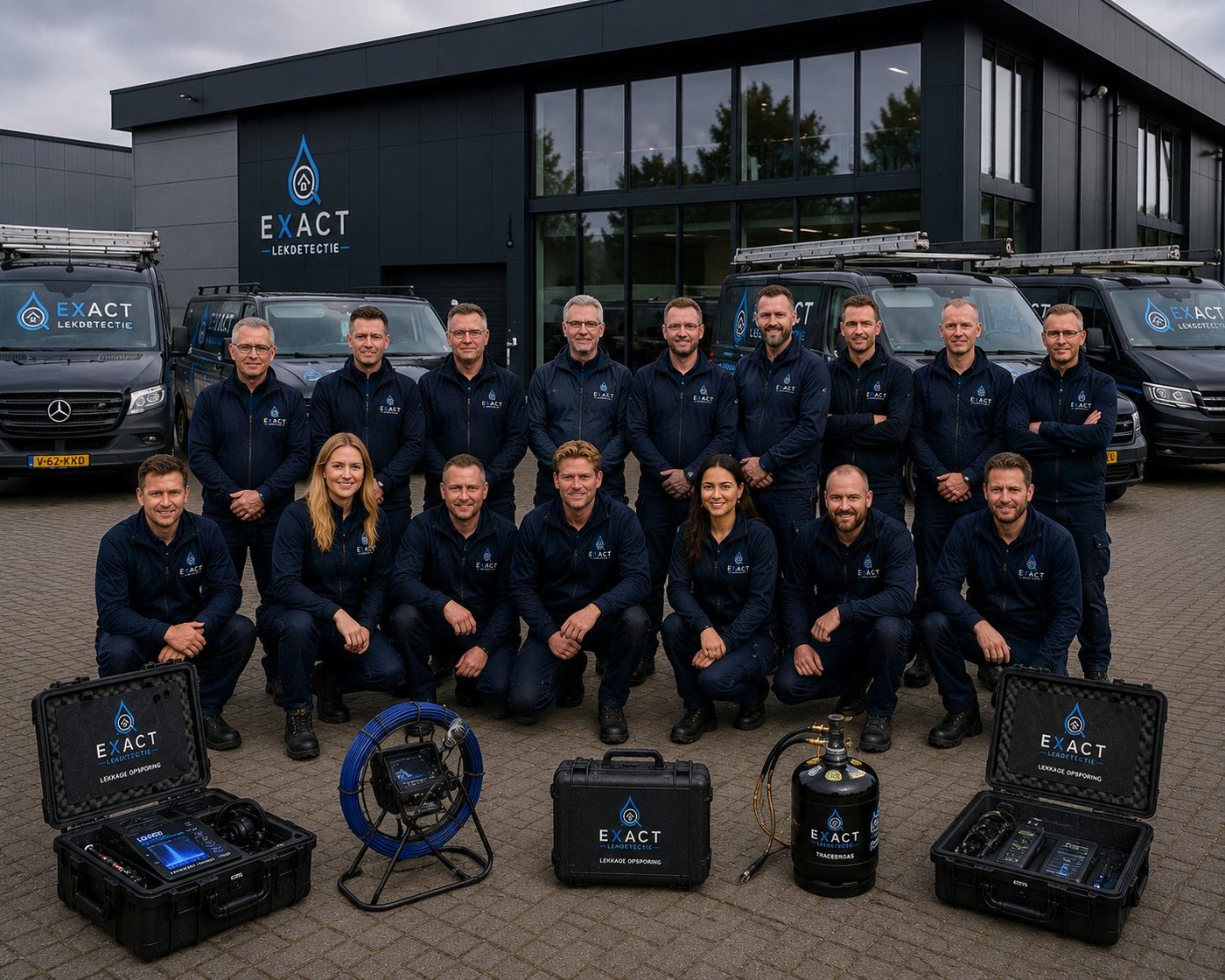Het team van Exact Lekdetectie voor het kantoor in Almelo met meetapparatuur