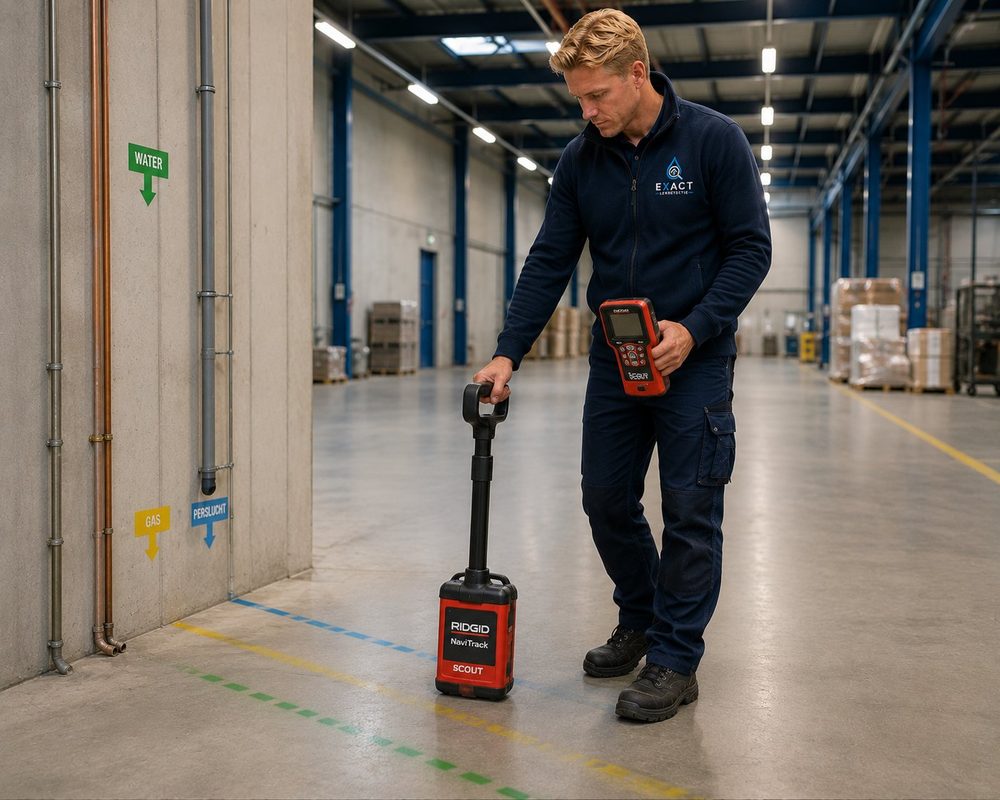 Leidingzoeker lokaliseert een waterleiding tijdens lekdetectie